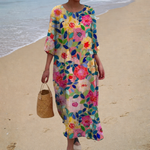 Chic Comfortable Flowy Maxi Dress, bright garden floral, front view
