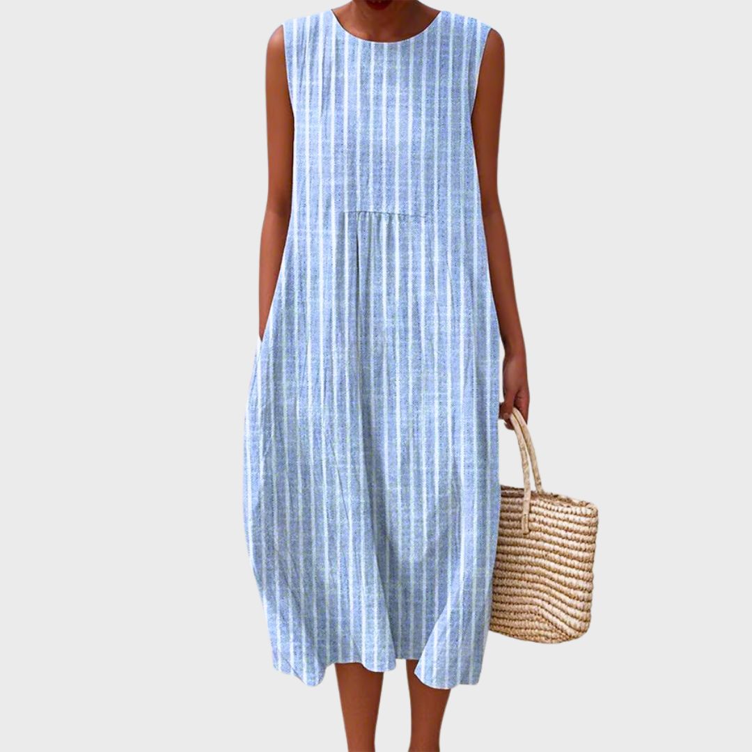 Sophryana comfortable knee length dress in Blue Stripe, view 5