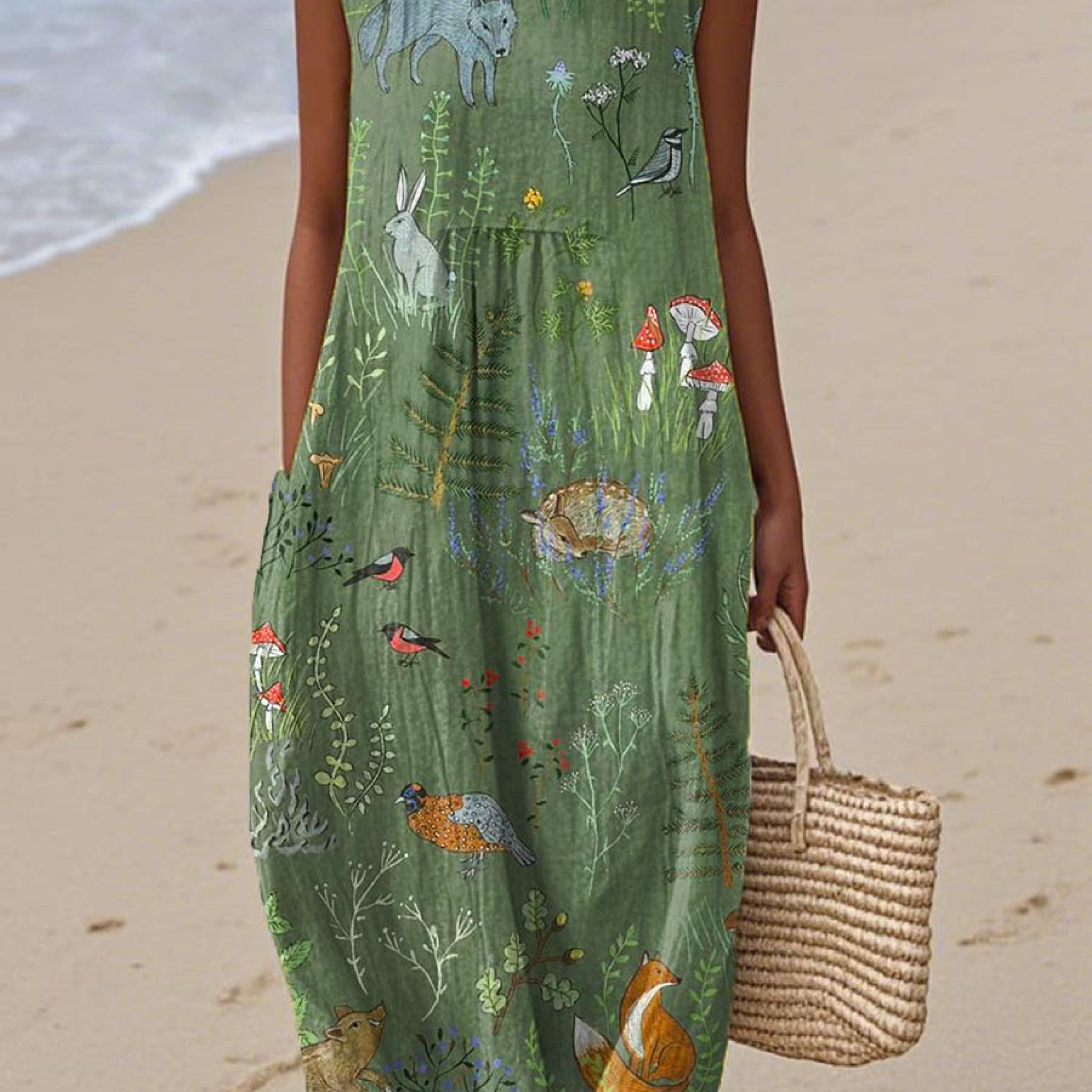 Ninthe forest animals print dress, front view