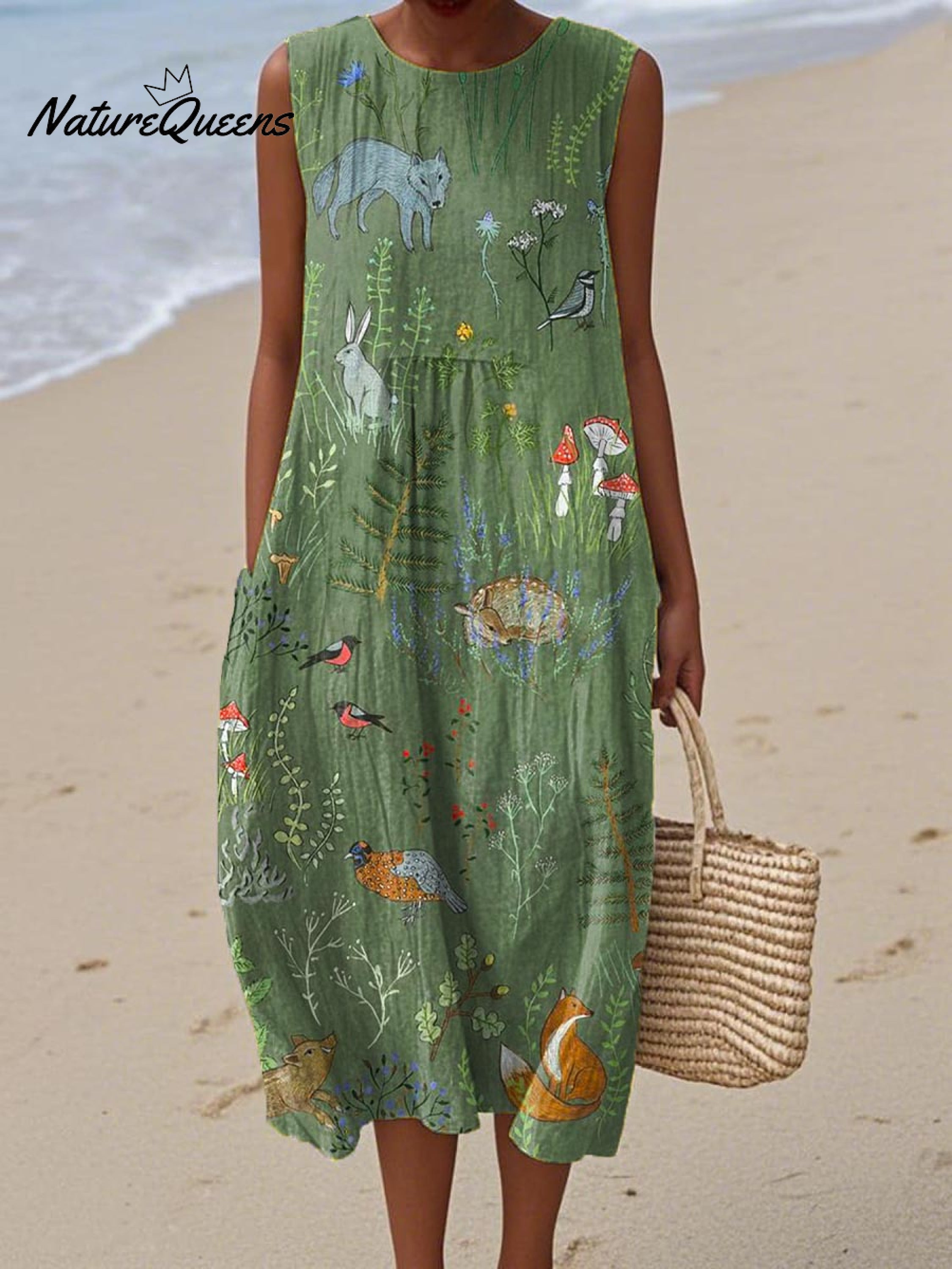 Ninthe forest animals print dress, front view