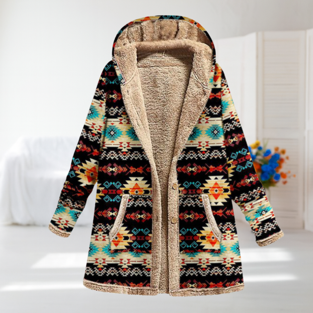 Federica black Aztec fleece-lined hooded coat, front view