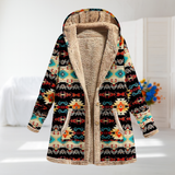 Federica black Aztec fleece-lined hooded coat, front view