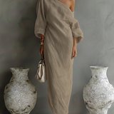 Aurora one shoulder linen maxi dress, view 5