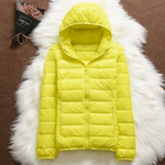 Metta yellow hooded puffer jacket, view 2