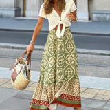 Yalina boho print maxi skirt with fringes, view 5