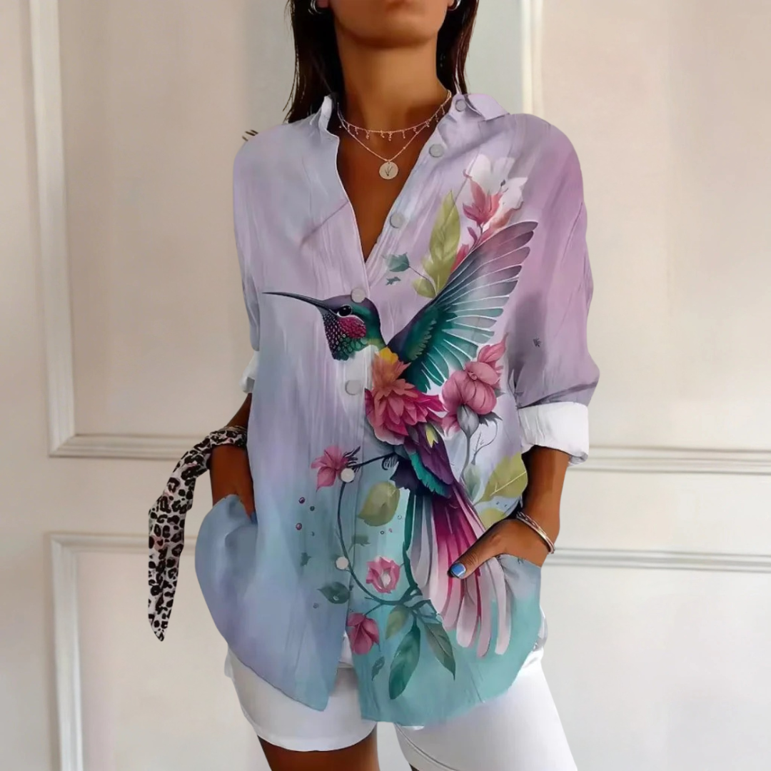 Delilah hummingbird print blouse in Multicolour, front view