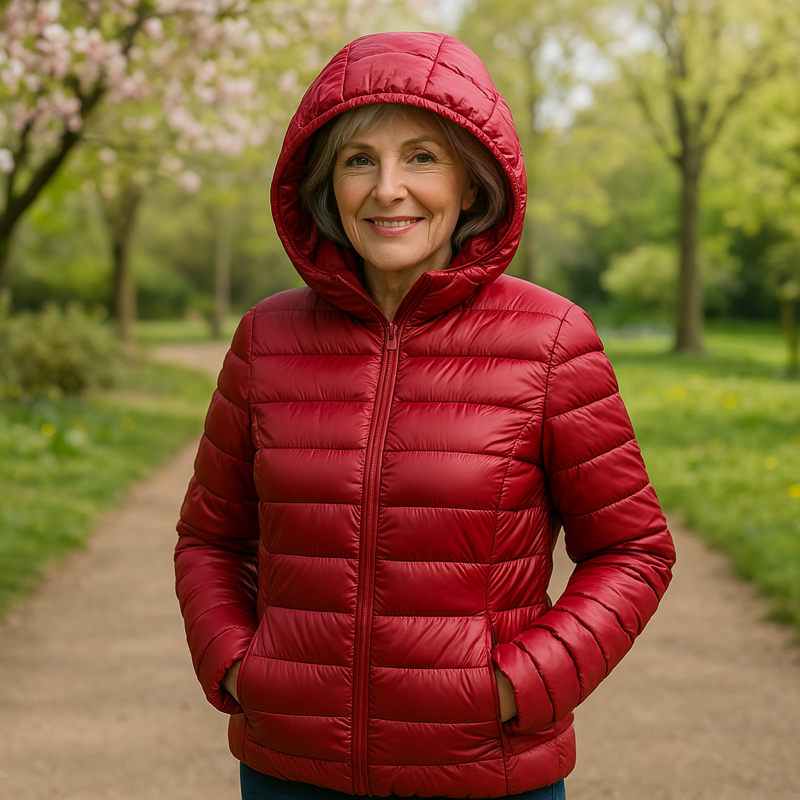 Metta dark red hooded puffer jacket, front view