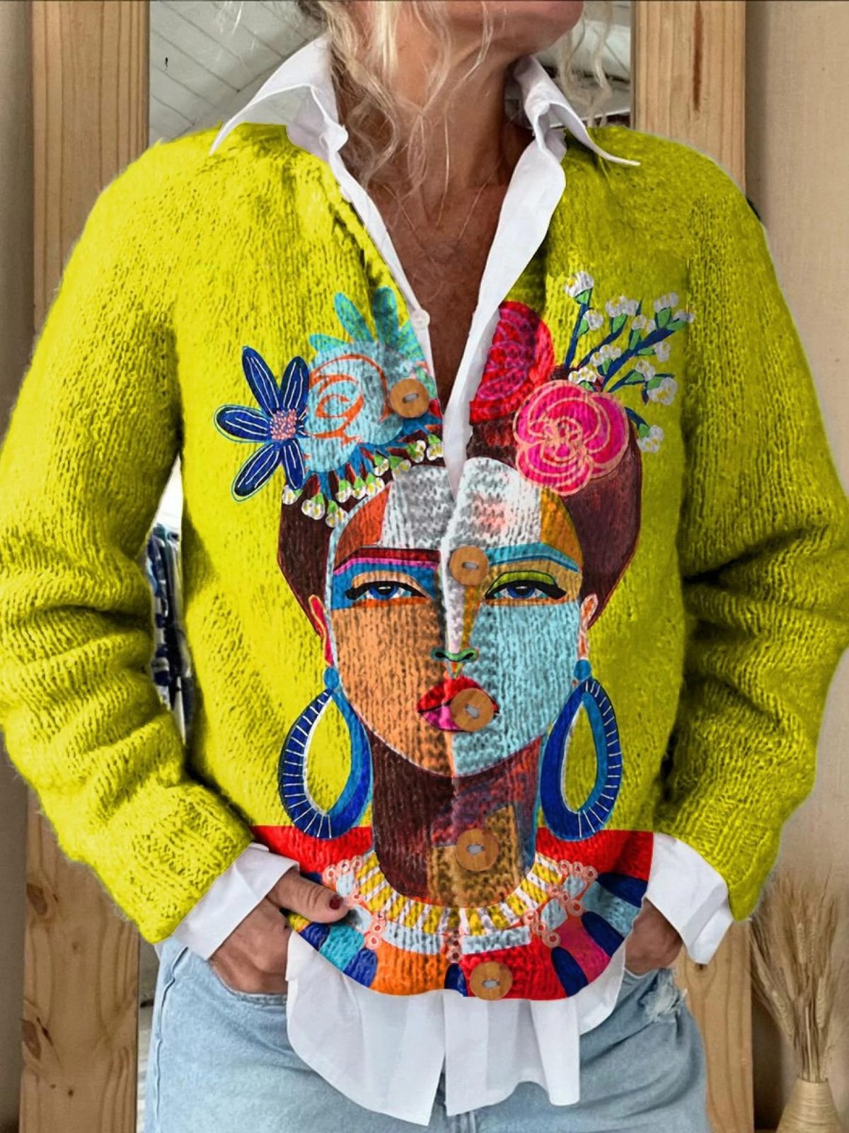 Iona chartreuse embroidered portrait cardigan, view 2
