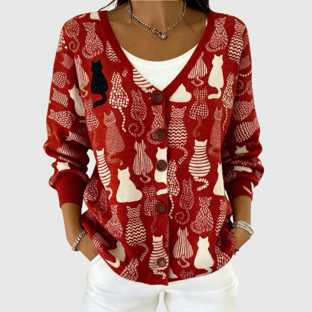 Victoria red cat print buttoned cardigan, front view