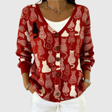 Victoria red cat print buttoned cardigan, front view