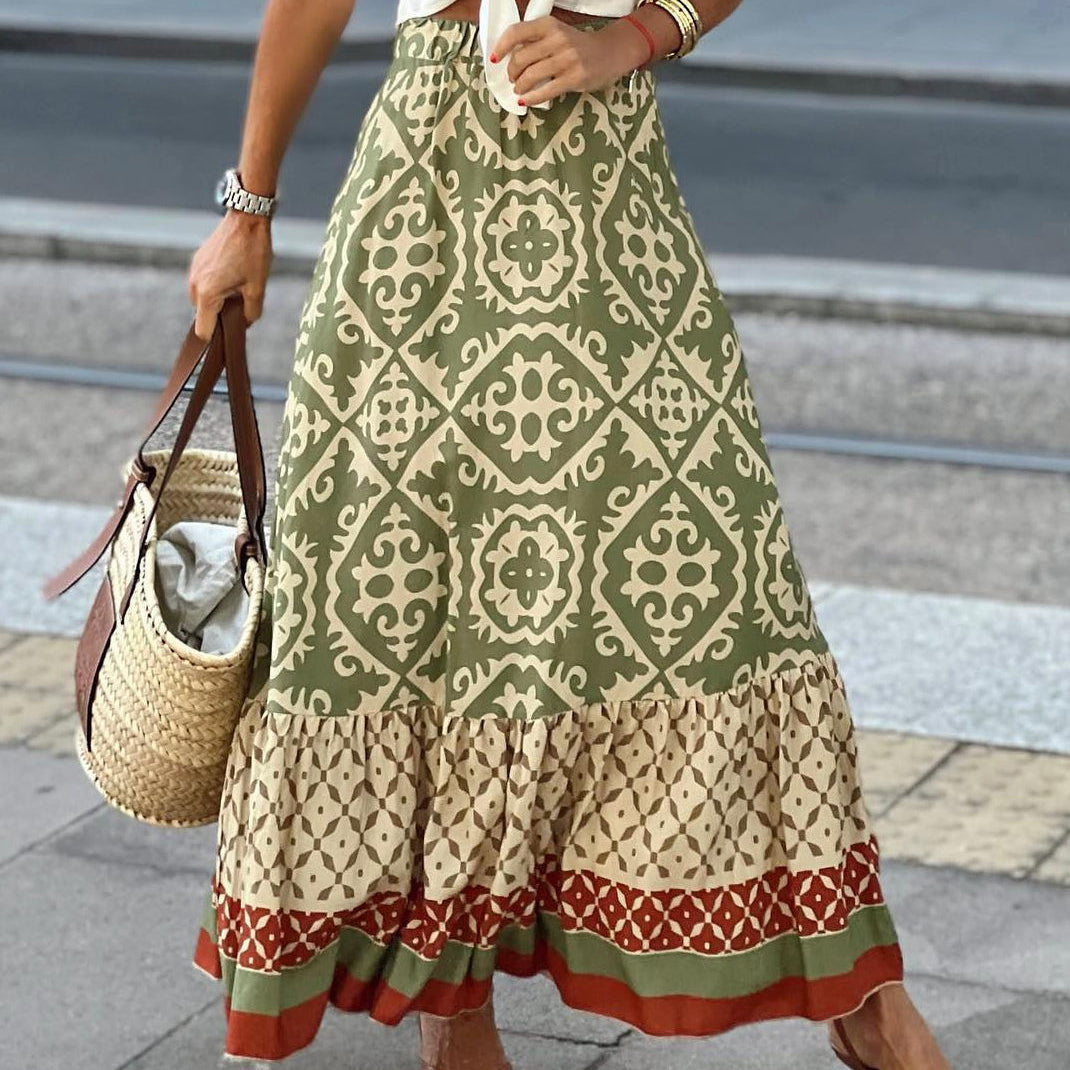 Yalina boho print maxi skirt with fringes in Green, front view