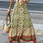 Yalina boho print maxi skirt with fringes in Green, front view