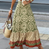 Yalina boho print maxi skirt with fringes in Green, front view