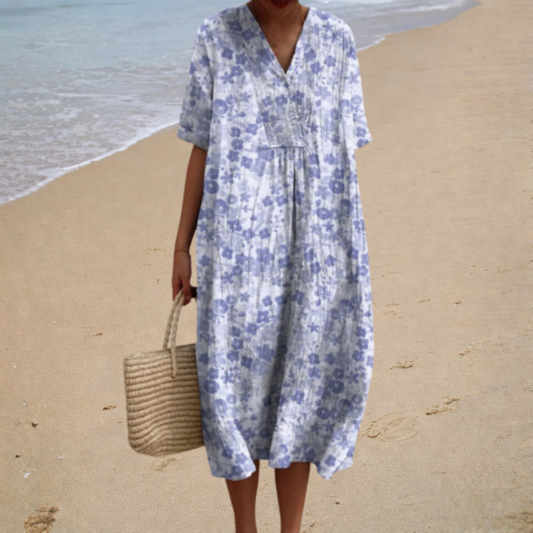 Comfortable Summer Dress, floral print in three styles in Light Blue Floral, front view