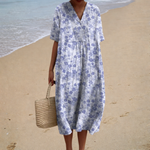 Comfortable Summer Dress, floral print in three styles in Light Blue Floral, front view