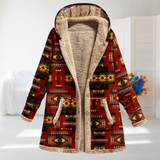 Giorgia red Aztec fleece-lined hooded coat, front view