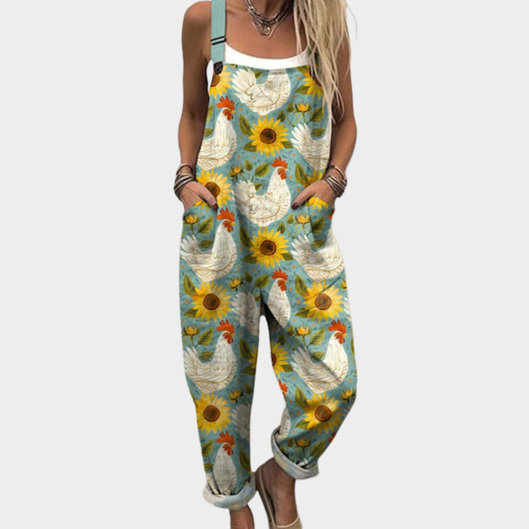 Comfortable Sunflower and Hen Print Dungarees, front view