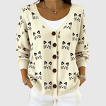Theresa cream cat print buttoned cardigan, front view