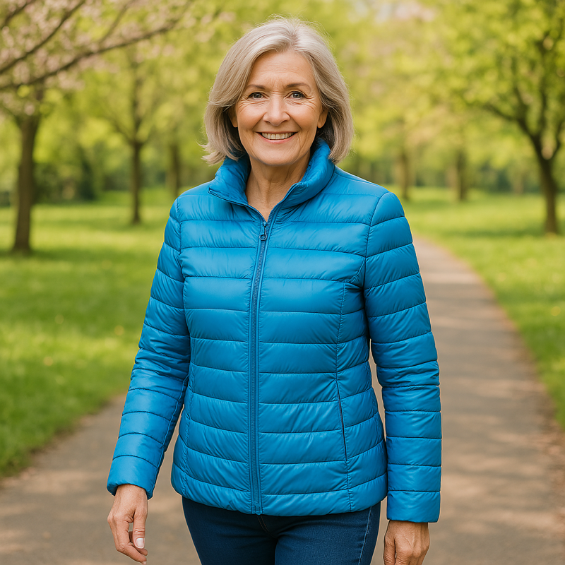 Ulla sky blue puffer jacket, front view