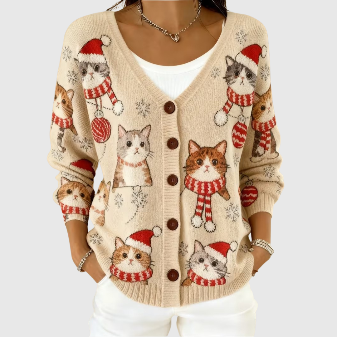 Charlotte Christmas cat print buttoned cardigan, front view