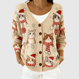 Charlotte Christmas cat print buttoned cardigan, front view