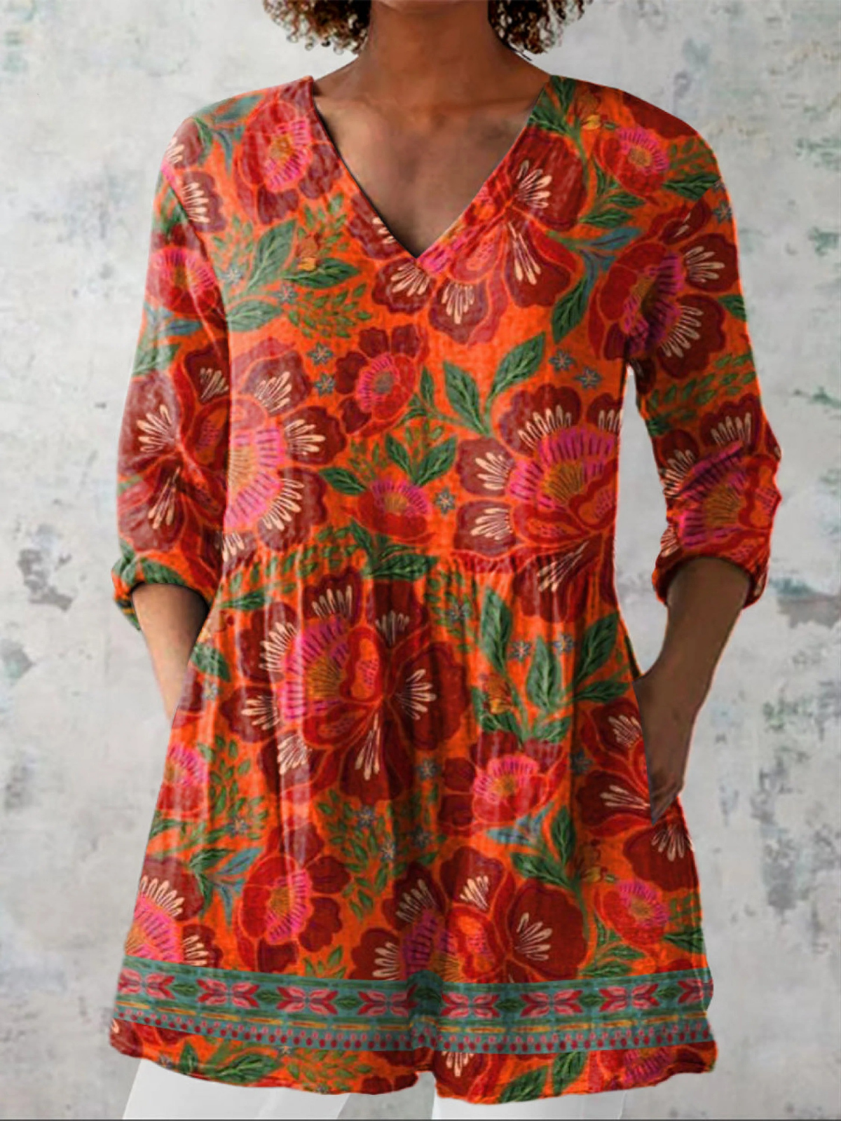 Marion vintage floral blouse in Red Orange, front view