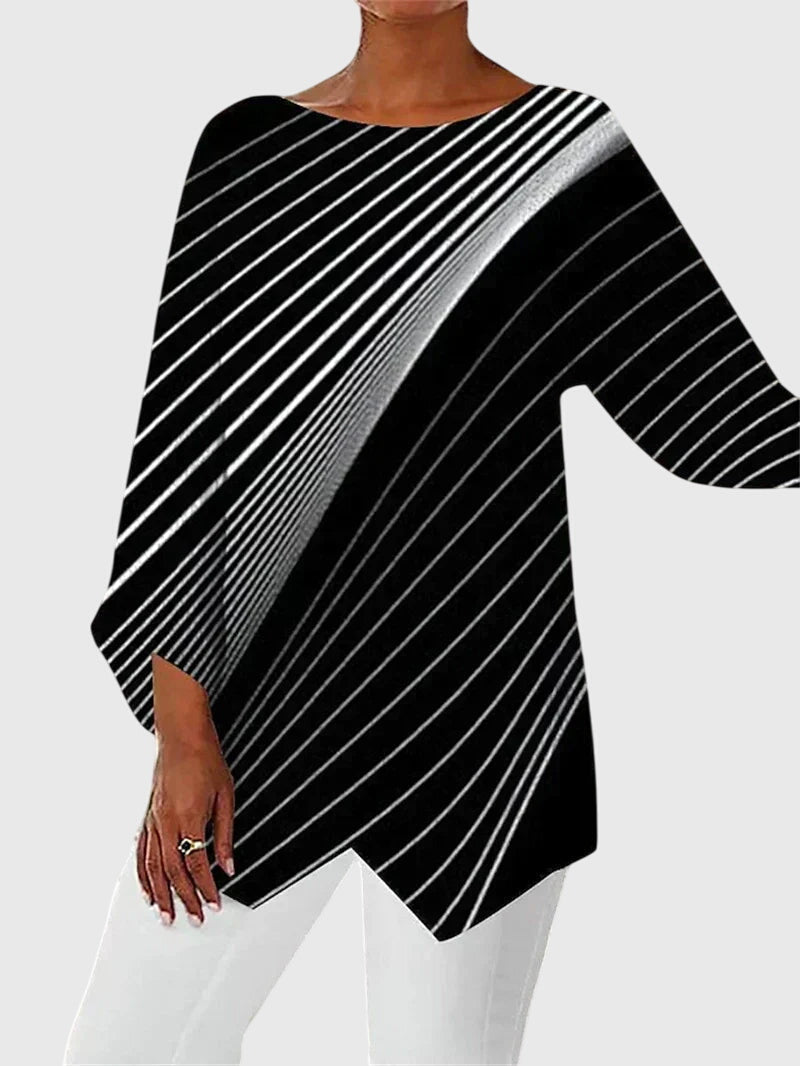 Alayah printed crew neck top in Black White Stripe, view 3