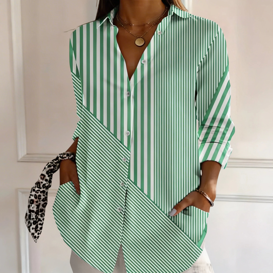 Savannah green striped blouse in Multicolour, front view