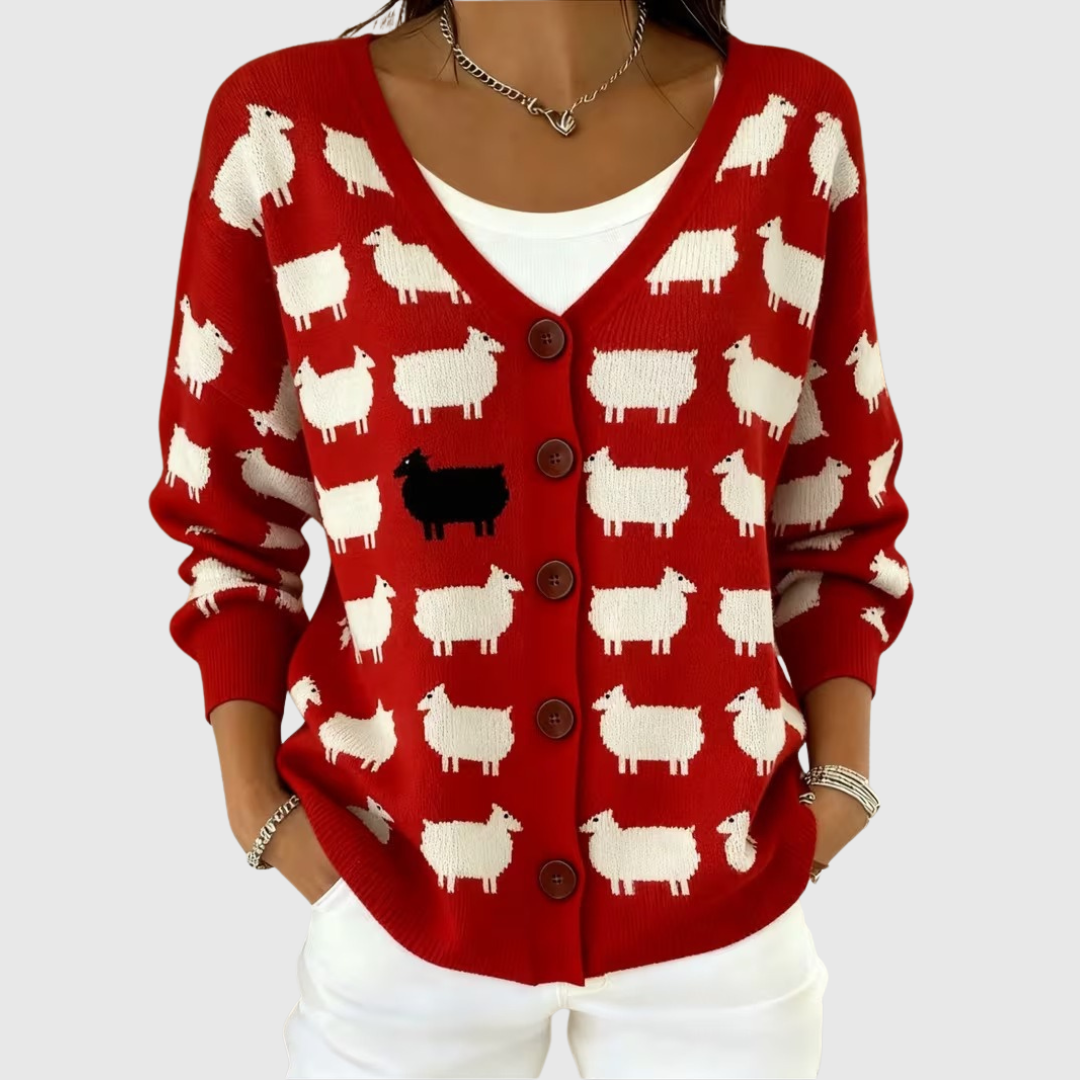 Elizabeth red sheep print buttoned cardigan, front view