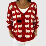 Elizabeth red sheep print buttoned cardigan, front view