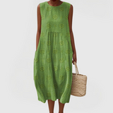 Teresa embroidered sleeveless dress with pockets in Green, front view