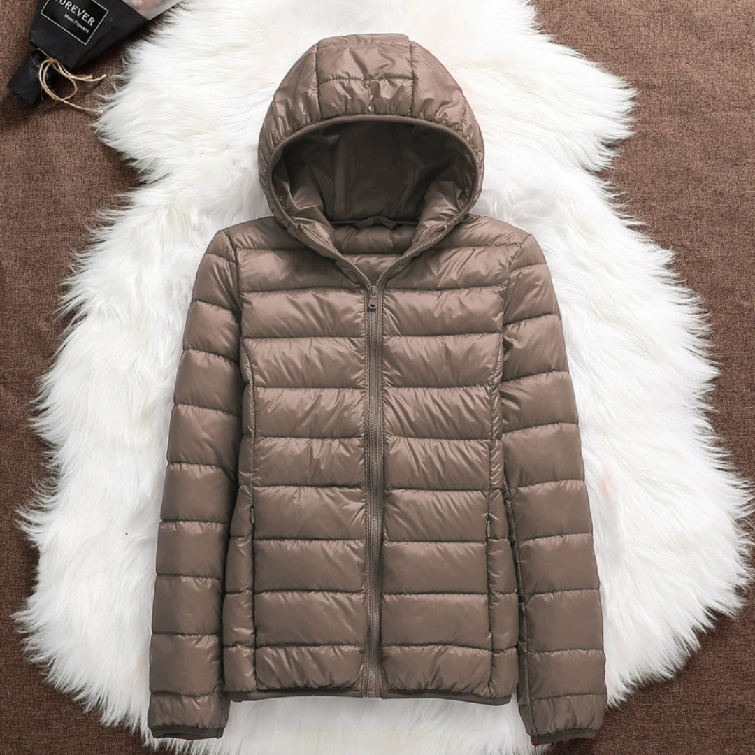 Metta champagne hooded puffer jacket, view 2