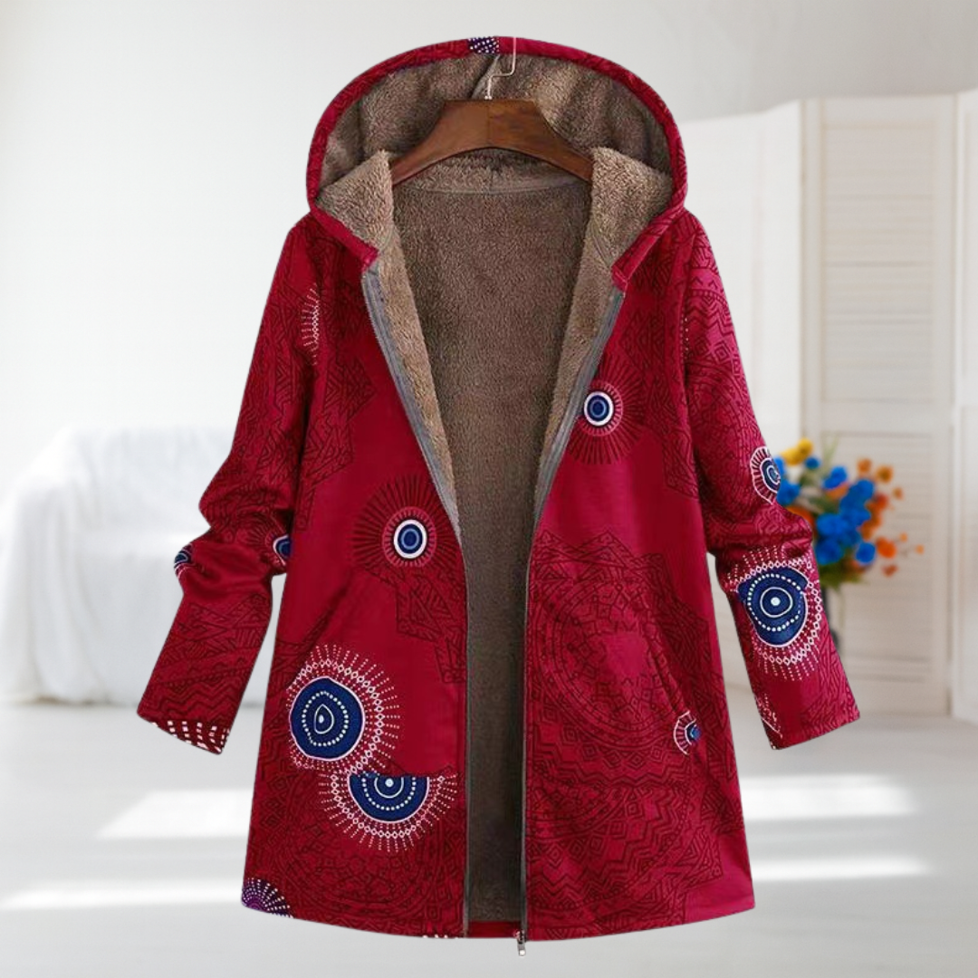 Chiara red mandala fleece-lined hooded coat, view 2