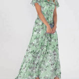 Victoria elegant floral V neck maxi dress in Green, view 3