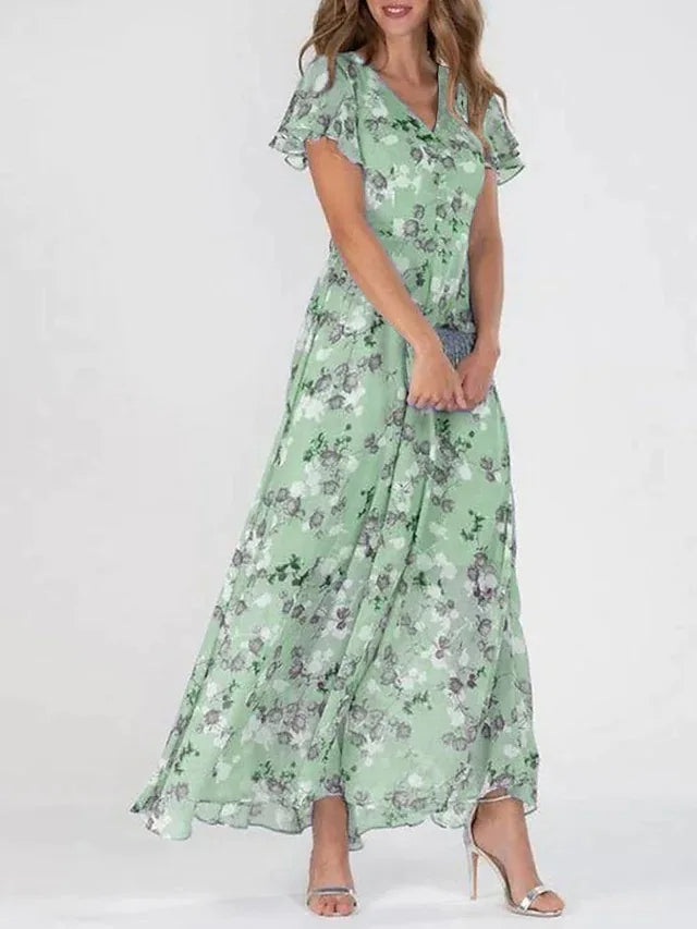 Victoria elegant floral V neck maxi dress in Green, view 3