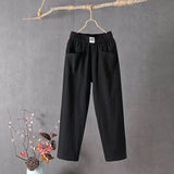 Classic cotton linen trousers with elasticated waist in Black, view 9