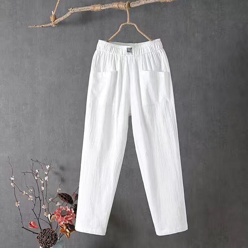 Classic cotton linen trousers with elasticated waist in White, view 8