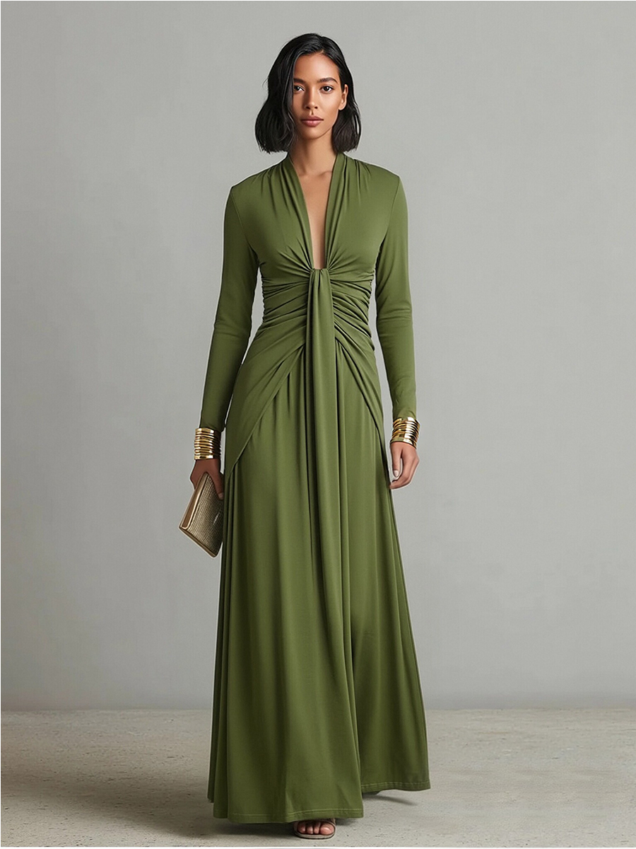 Olive green deep V neck maxi dress, view 5