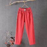 Classic cotton linen trousers with elasticated waist in Red, view 5