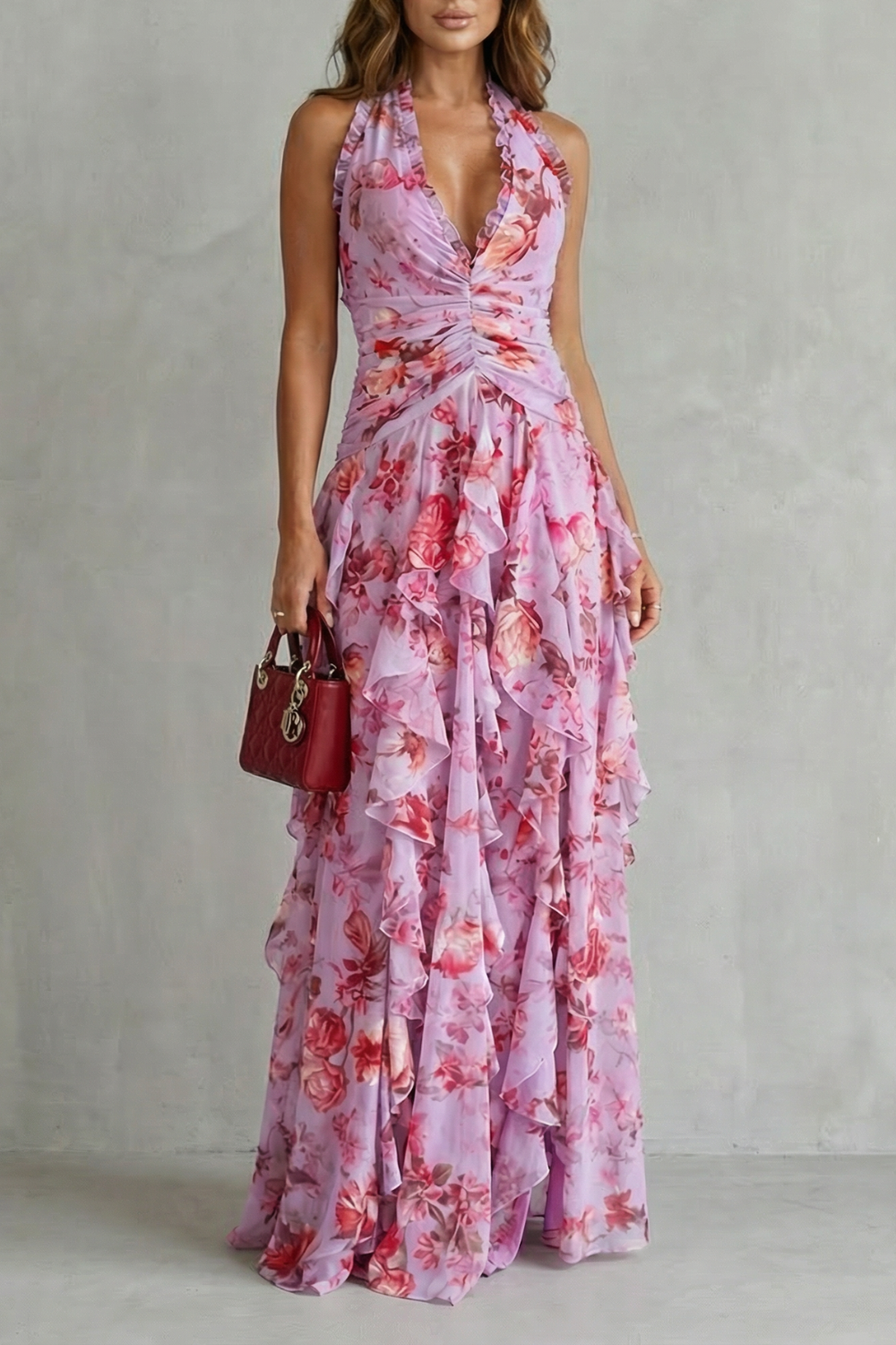 Belladina rose print halter maxi dress in Pink, view 2