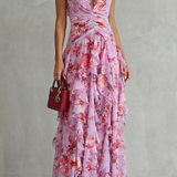 Belladina rose print halter maxi dress in Pink, view 2