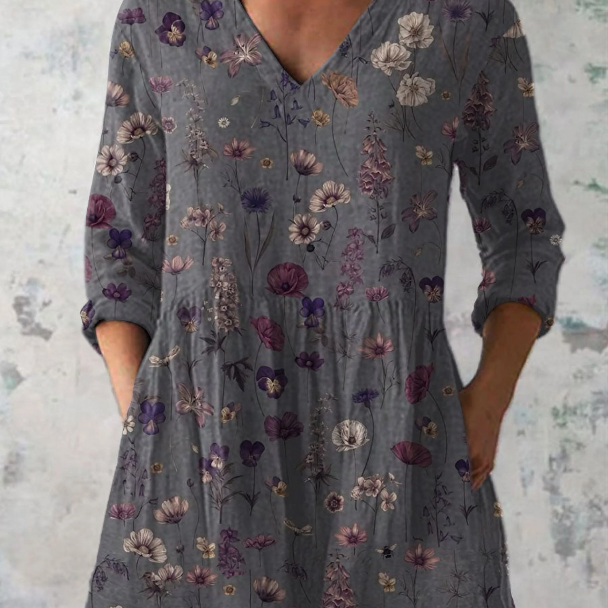 Audrey grey print V-neck blouse, front view