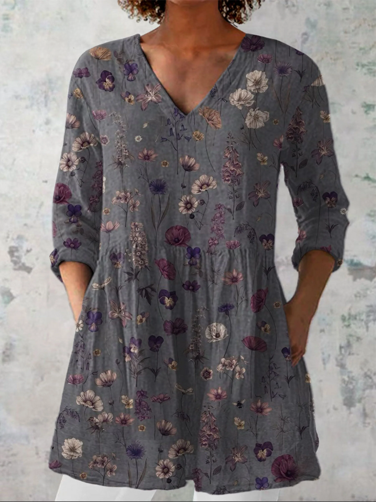 Audrey grey print V-neck blouse, front view