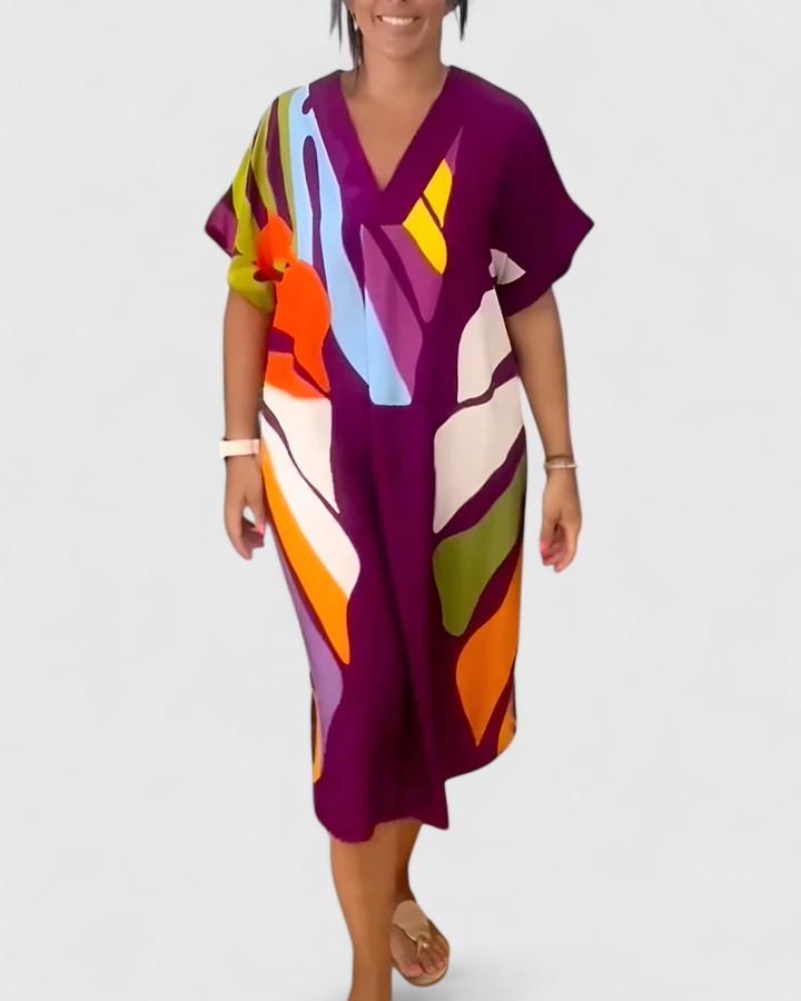 Cymarie Leaf Print Dress in Purple, view 3