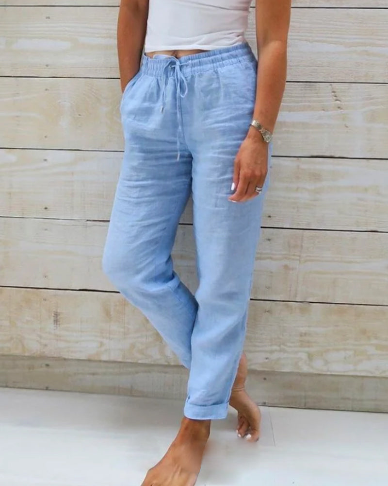 Aria cotton and linen elastic waist trousers in Blue, front view
