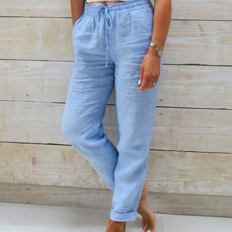Aria cotton and linen elastic waist trousers in Blue, front view