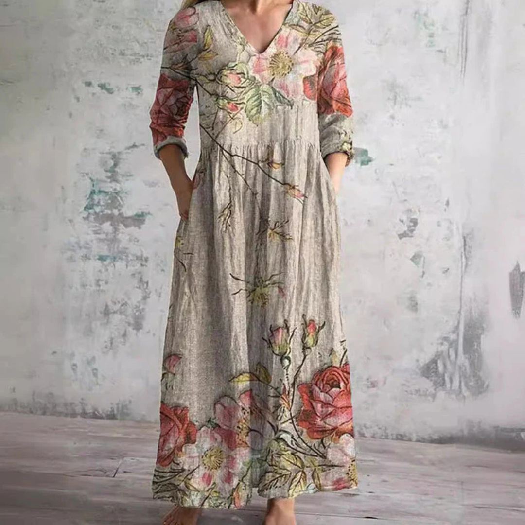 Bella timeless floral maxi dress in Beige, front view