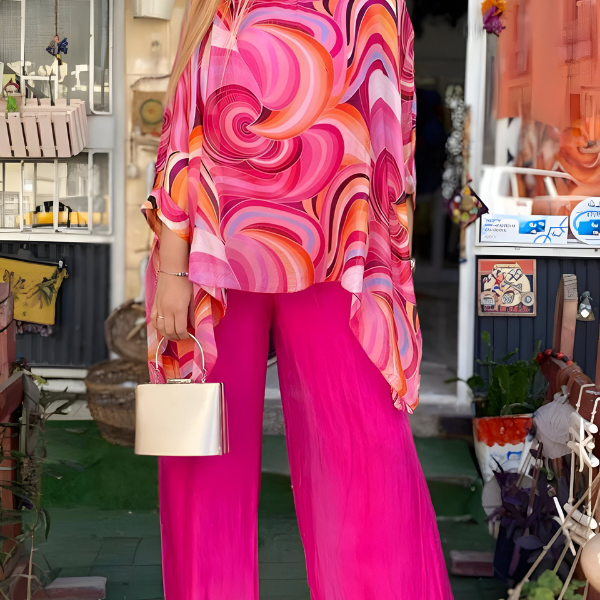 Cate printed two-piece summer set in Pink, front view