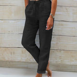 Aria cotton and linen elastic waist trousers in Black, view 4