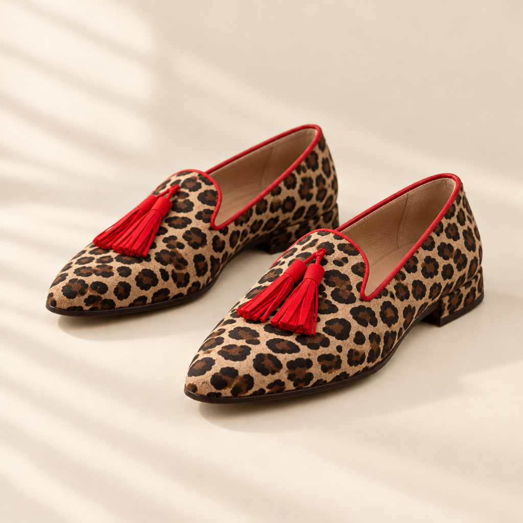 Gelly red tassel leopard flats, front view
